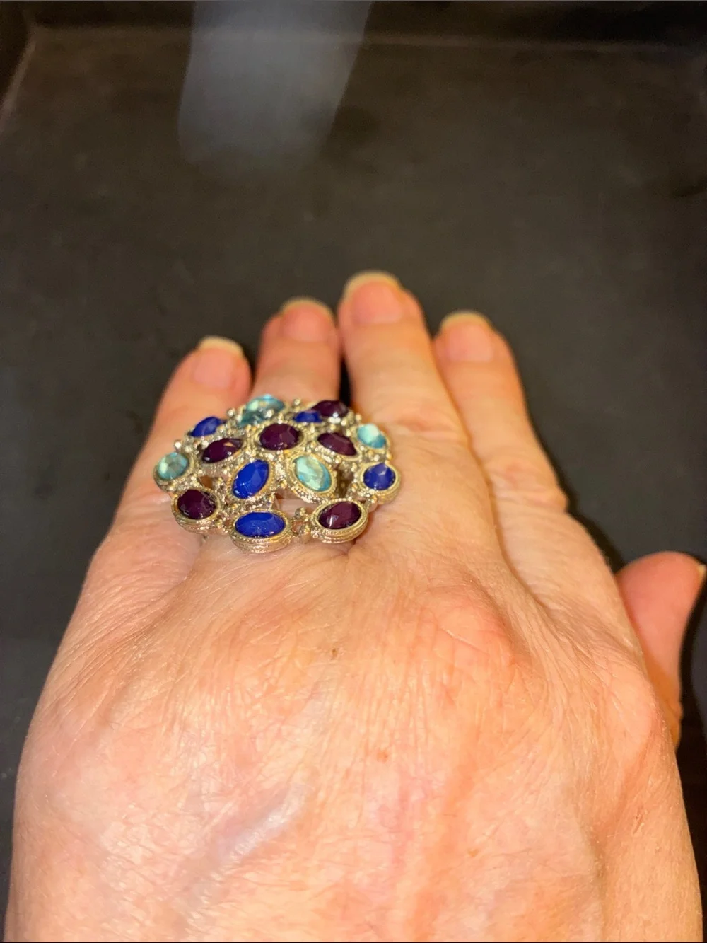 Multicolor Cluster Cocktail Stretch Ring in Blue, Teal & Purple